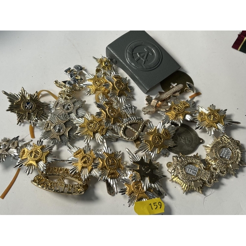 159 - ASSORTED MILITARY CAP BADGES, BELT BUCKLES ETC