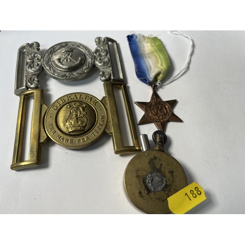 188 - 2 X BELT BUCKLES, WORLD WAR 2 MEDAL & TRENCH ART LIGHTER