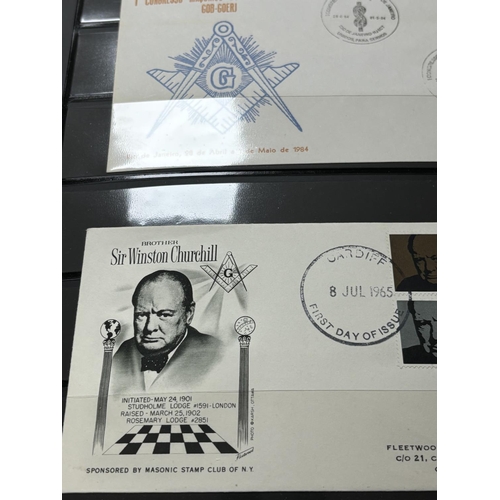 27 - FOLDER OF MASONIC STAMPS & POSTCARDS ETC