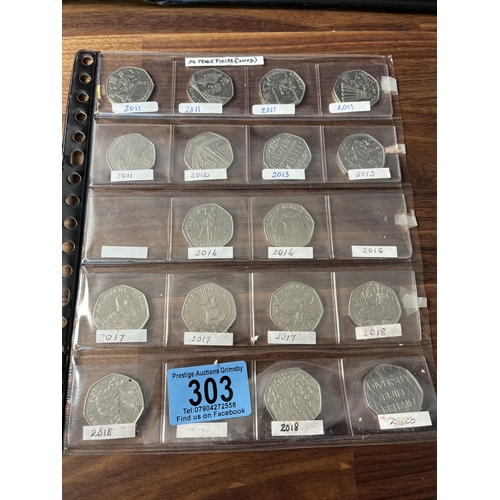 303 - PAGE OF 17 X 50P COINS COLLECTABLE SEE PICTURES FOR DATES