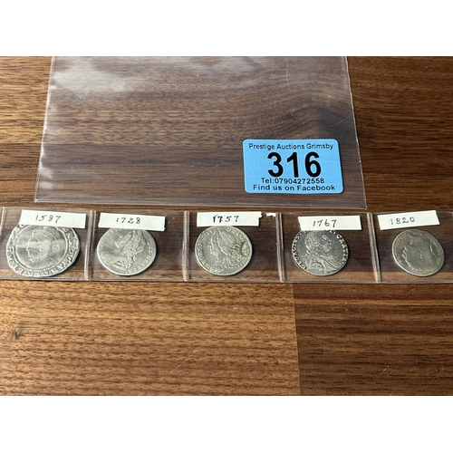 316 - 5 X EARLY SILVER SIXPENCES 1587, 1728, 1757, 1767, 1820