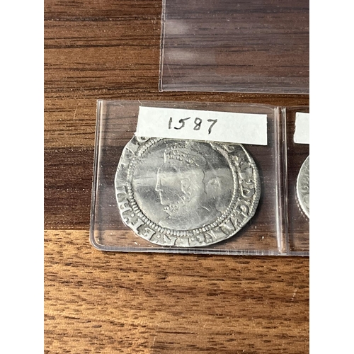 316 - 5 X EARLY SILVER SIXPENCES 1587, 1728, 1757, 1767, 1820