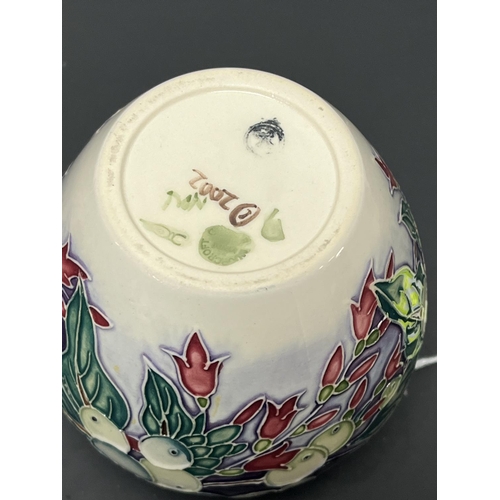 27 - DECORATIVE MOORCROFT JAR WITH LID APPROX 11.5CM TALL WITH BOX