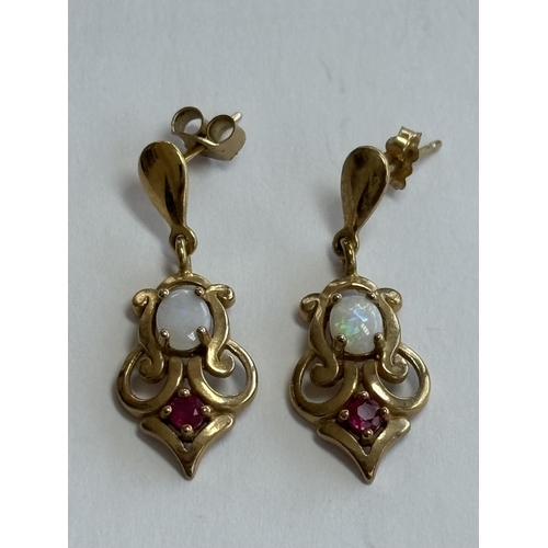 15 - 9CT GOLD OPAL & RUBY EARRINGS 2.59G