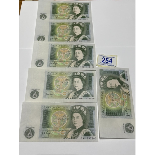 254 - 6 NICE CONDITION £1 NOTES SOME CONSECUTIVE NUMBERS