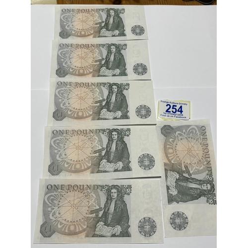 254 - 6 NICE CONDITION £1 NOTES SOME CONSECUTIVE NUMBERS