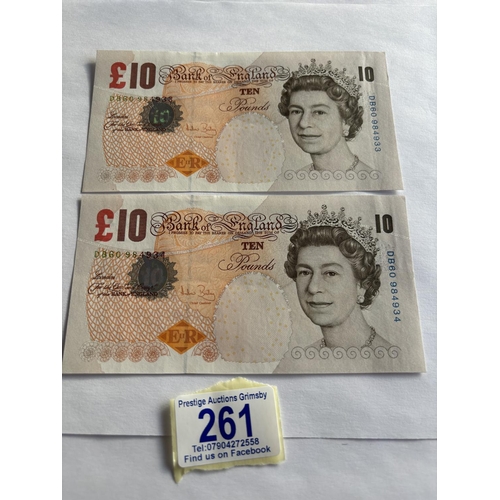 261 - 2 MINT UNCIRCULATED £10 NOTES BAILEY CONC