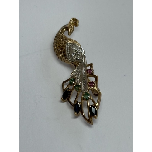 5 - VINTAGE 9CT GOLD PEACOCK BROOCH WITH PRECIOUS STONES 5.09G