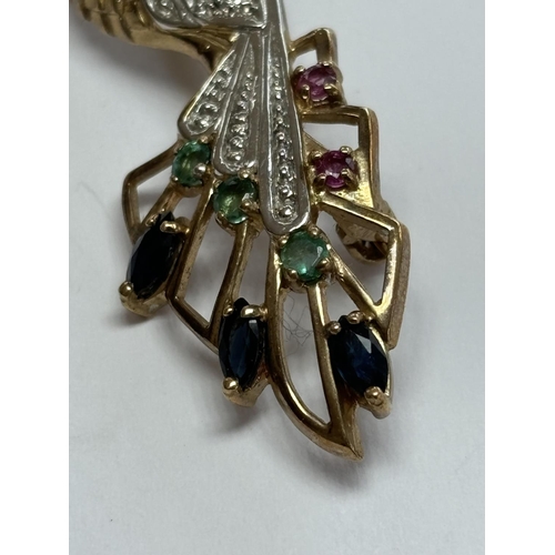 5 - VINTAGE 9CT GOLD PEACOCK BROOCH WITH PRECIOUS STONES 5.09G