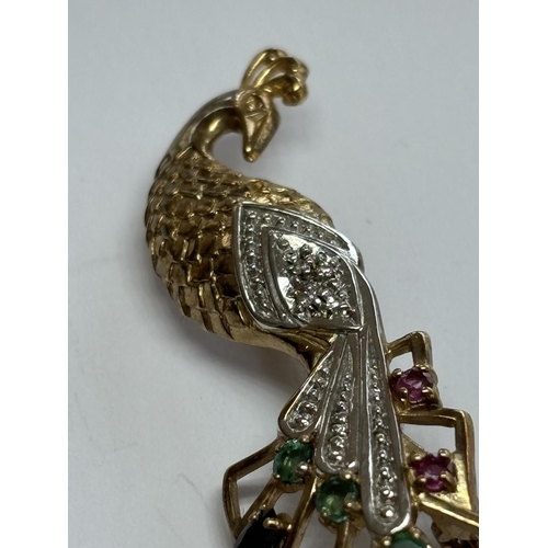 5 - VINTAGE 9CT GOLD PEACOCK BROOCH WITH PRECIOUS STONES 5.09G