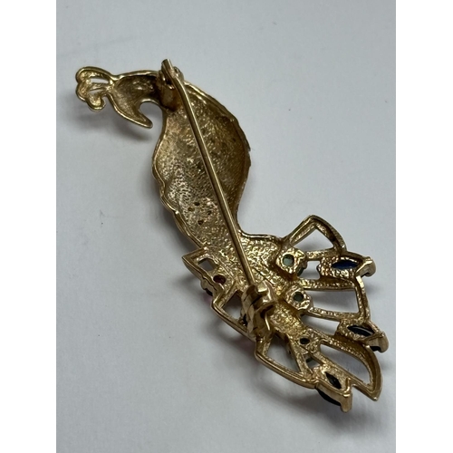 5 - VINTAGE 9CT GOLD PEACOCK BROOCH WITH PRECIOUS STONES 5.09G