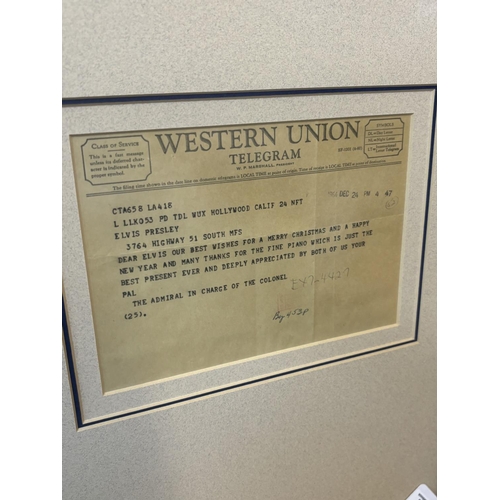 4 - ELVIS PRESLEY TELEGRAM FRAMED. THIS TELEGRAM WAS SENT TO ELVIS FROM COLONEL TOM PARKERS' WIFE THANKI... 