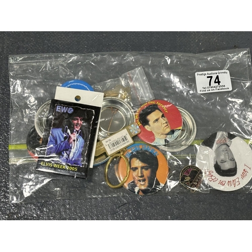 74 - COLLECTION OF HARD TO FIND ELVIS BADGES FROM THE ROBIN ROSAAEN COLLECTION