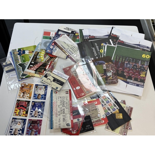 24 - MIXED BOX OF FOOTBALL EMPHEMERA INCLUDING TICKET STUBS, SMALL POSTERS, STICKERS, BEER MATS & OTHERS