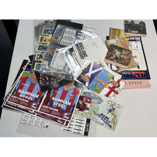 24 - MIXED BOX OF FOOTBALL EMPHEMERA INCLUDING TICKET STUBS, SMALL POSTERS, STICKERS, BEER MATS & OTHERS