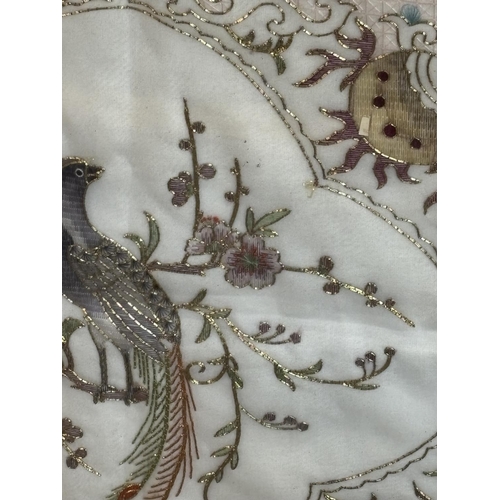 100 - FRAMED EMBROIDERED SILK CUSHION COVER PLEASE SEE PICTURES FOR DETAILS