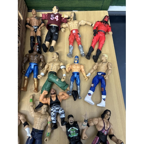 173 - BOX OF WRESTLING FIGURES INCLUDES BRETT THE HITMAN HEART, CANE, THE ROCK PLEASE SEE PICTURES FOR DET... 