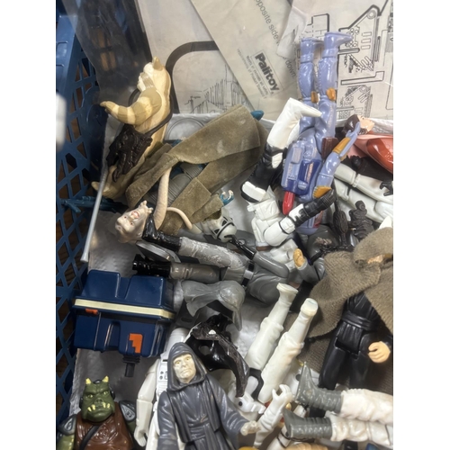 311 - BASKET OF EARLY STAR WARS FIGURES & ACCESSORIES WITH BAG OF ORIGINAL BACK BOARDS THAT THE FIGURES WO... 