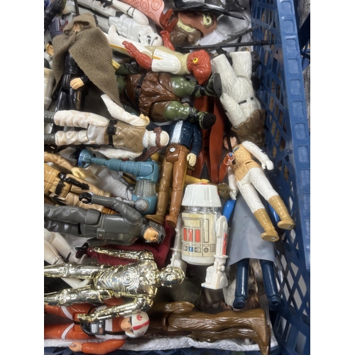 311 - BASKET OF EARLY STAR WARS FIGURES & ACCESSORIES WITH BAG OF ORIGINAL BACK BOARDS THAT THE FIGURES WO... 