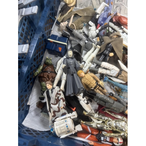 311 - BASKET OF EARLY STAR WARS FIGURES & ACCESSORIES WITH BAG OF ORIGINAL BACK BOARDS THAT THE FIGURES WO... 