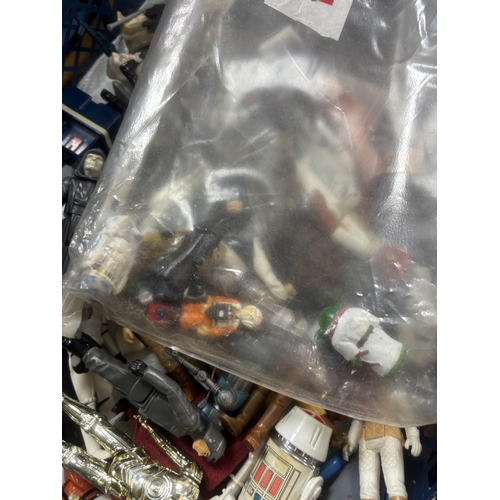 311 - BASKET OF EARLY STAR WARS FIGURES & ACCESSORIES WITH BAG OF ORIGINAL BACK BOARDS THAT THE FIGURES WO... 