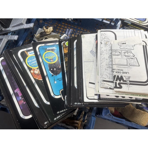 311 - BASKET OF EARLY STAR WARS FIGURES & ACCESSORIES WITH BAG OF ORIGINAL BACK BOARDS THAT THE FIGURES WO... 