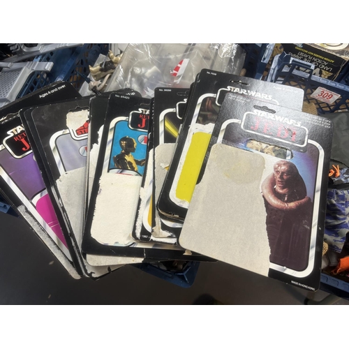 311 - BASKET OF EARLY STAR WARS FIGURES & ACCESSORIES WITH BAG OF ORIGINAL BACK BOARDS THAT THE FIGURES WO... 