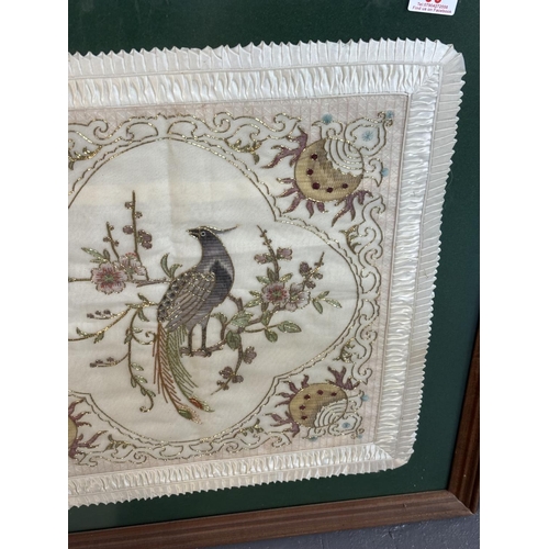 99 - FRAMED EMBROIDERED SILK CUSHION COVER PLEASE SEE PICTURES FOR DETAILS