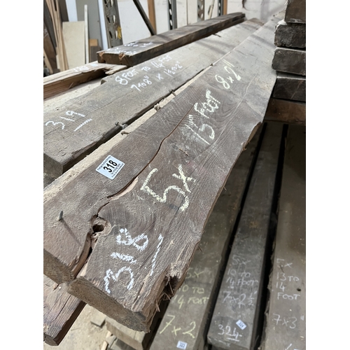318 - PLEASE SEE PICTURES BUNDLE OF 5 RECLAIMED ROOF BEAMS MEASURING 15FT LONG 8 X 2
