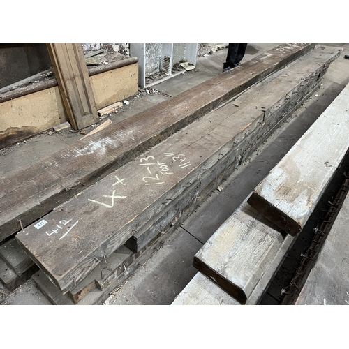 412 - PLEASE SEE PICTURES BUNDLE OF 4 RECLAIMED ROOF BEAMS MEASURING 12-13FT LONG 11X3