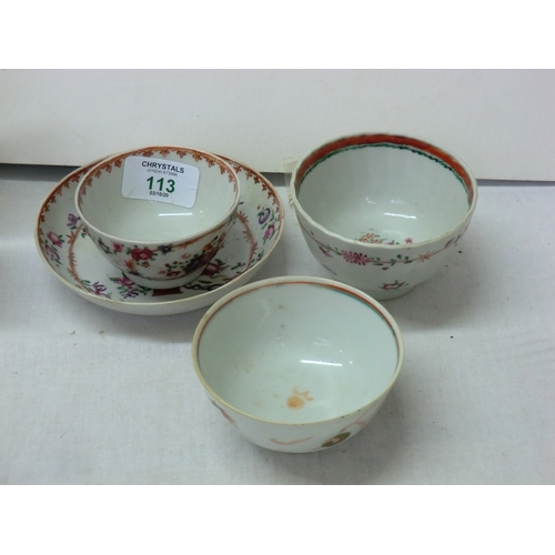 113 - Three porcelain tea bowls and a saucer