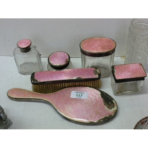 117 - Worn silver and enamel dressing table set