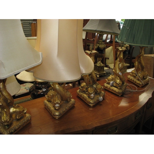 19 - Set of five gilt twisted dolphin table lamps NB At Peel Road warehouse READ THE AUCTION INFO