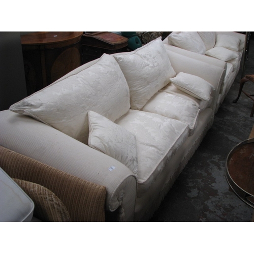 22 - Large three seater cream damask upholstered settee NB At Peel Road warehouse READ THE AUCTION INFO