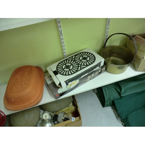 247 - Large collection of metal ware, barbecue, plate warmer, crockery, etc.