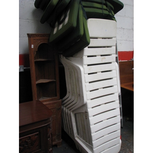 3 - Six white plastic sun loungers with cushions NB At Peel Road warehouse READ THE AUCTION INFO