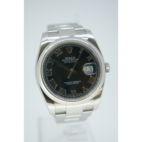 368 - A gents' stainless steel Date Just with black dial, Roman numerals, no. G799670, in perfect working ... 