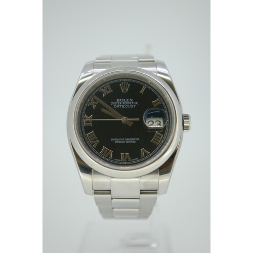 368 - A gents' stainless steel Date Just with black dial, Roman numerals, no. G799670, in perfect working ... 