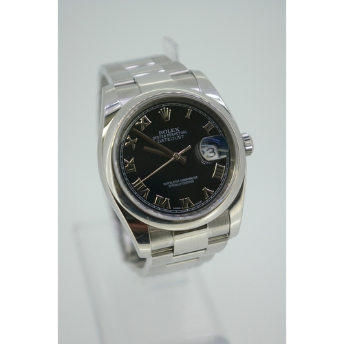 368 - A gents' stainless steel Date Just with black dial, Roman numerals, no. G799670, in perfect working ... 