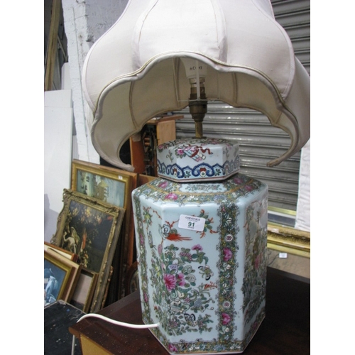 91 - Chinese porcelain tea caddy table lamp NB At Peel Road warehouse READ THE AUCTION INFO