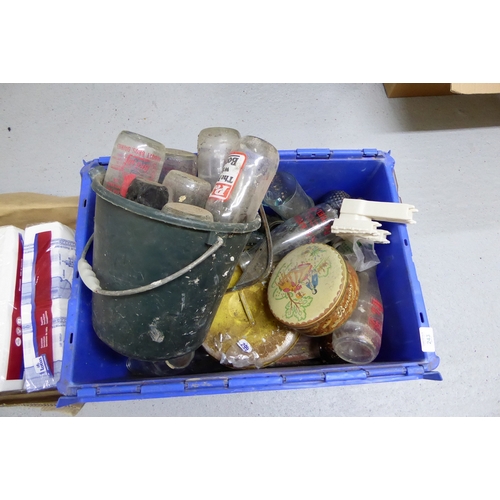 243 - Plastic box of old milk bottles, candle holder, etc.