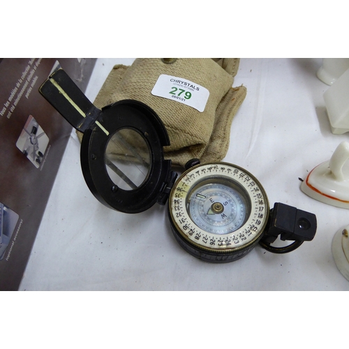 279 - WWII mark III hand held compass with mother of pearl dial in canvas case, dated 1942