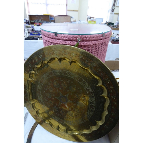 352 - A large brass tray plus a cane laundry basket