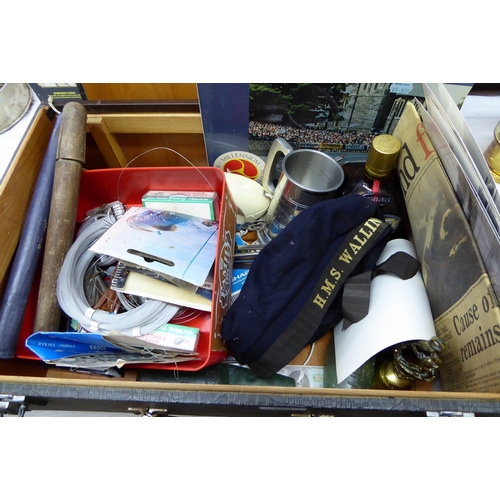 356 - A box of interesting items, TT race record, thermometers, militaria, etc.