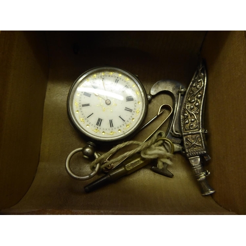 110 - Swiss silver key wind fob watch together with two silver dagger brooches