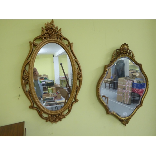 170 - Gilt framed shield shaped bevel edged mirror plus one