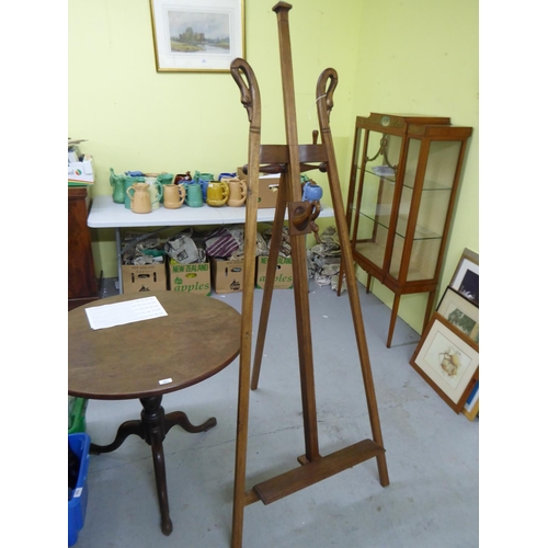 172 - Quality wooden display easel with swan heads to side struts, height 6 ft approx.