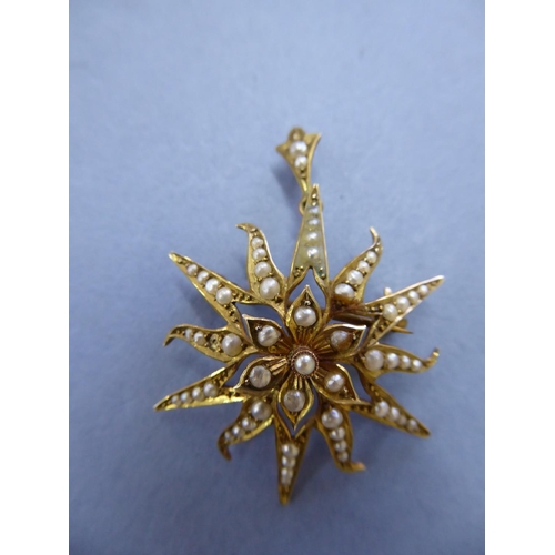 190 - 9ct gold and seed pearl star pendant/brooch in original box