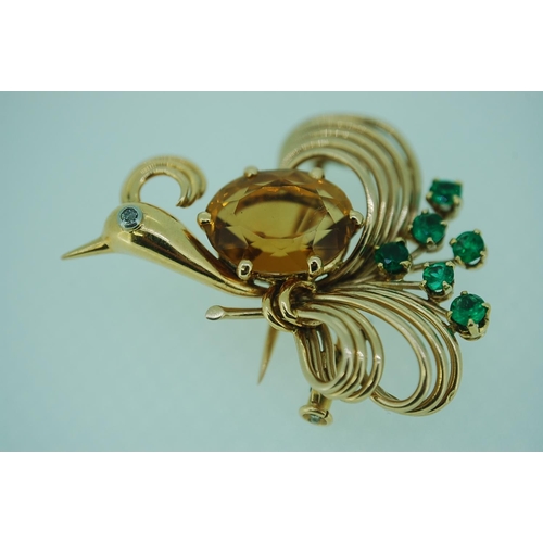 248 - 18ct gold designer stylised bird brooch set with citrine, emerald and diamond - wt. 10.5g