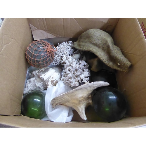 294 - Box of green glass floats, coral and exotic shells